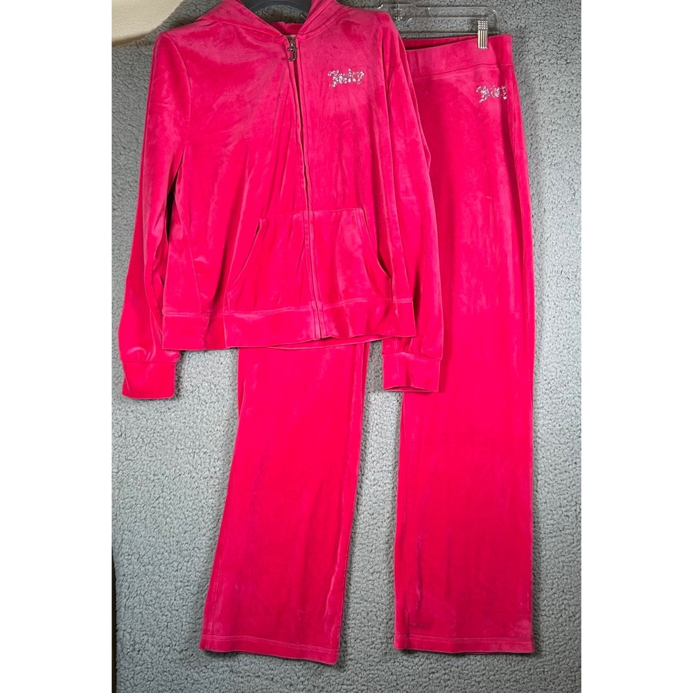 Juicy Couture Velour Tracksuit Set Pink XL Y2K Retro Bling Rhinestone 2000s